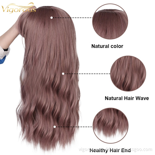 Purple Color Long Wavy Middle Part Hair Heat Resistant Cheap Wig With Bangs Synthetic Fiber Hair Wigs For Women